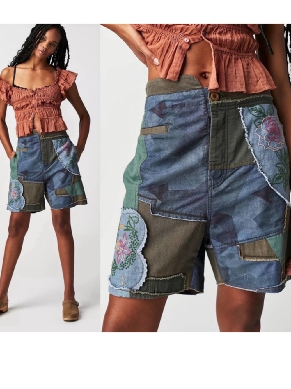 NEW Free People Blue Horizon Patched Shorts XS, Blue High Waist Embroidered Boho